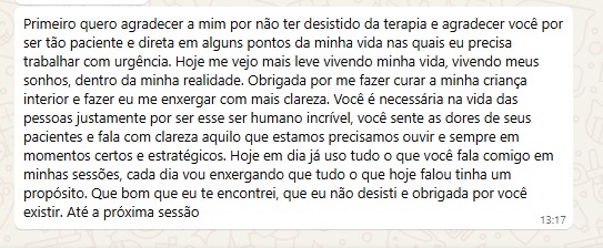 Mensagem de agradecimento pela transformação na terapia